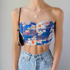 Urban Outfitters‎ Blue Floral Bandeau Tube Smocked Summer Crop Top Blue Large L